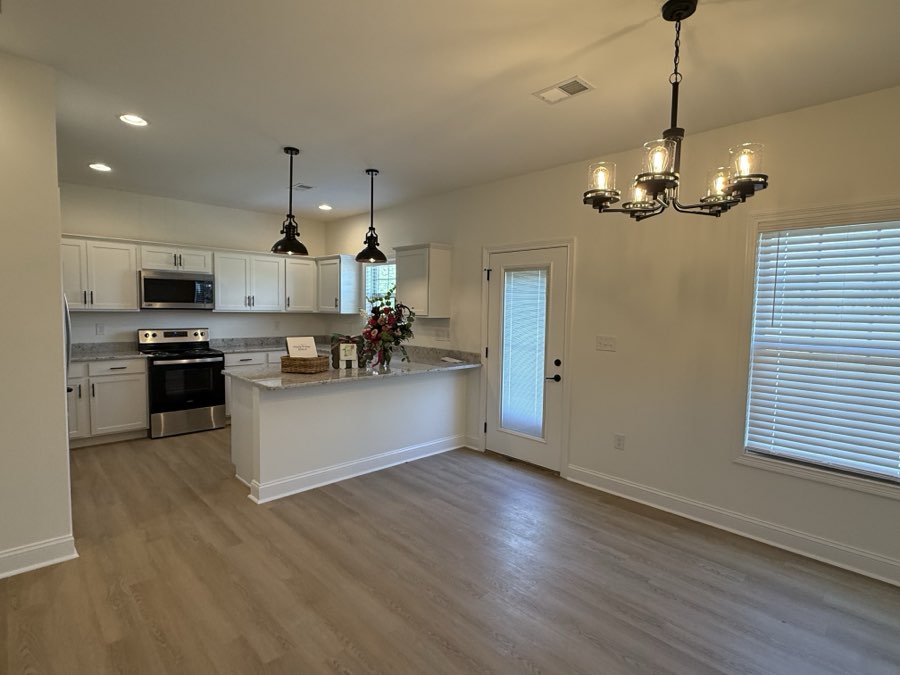 Dining chandelier and kitchen