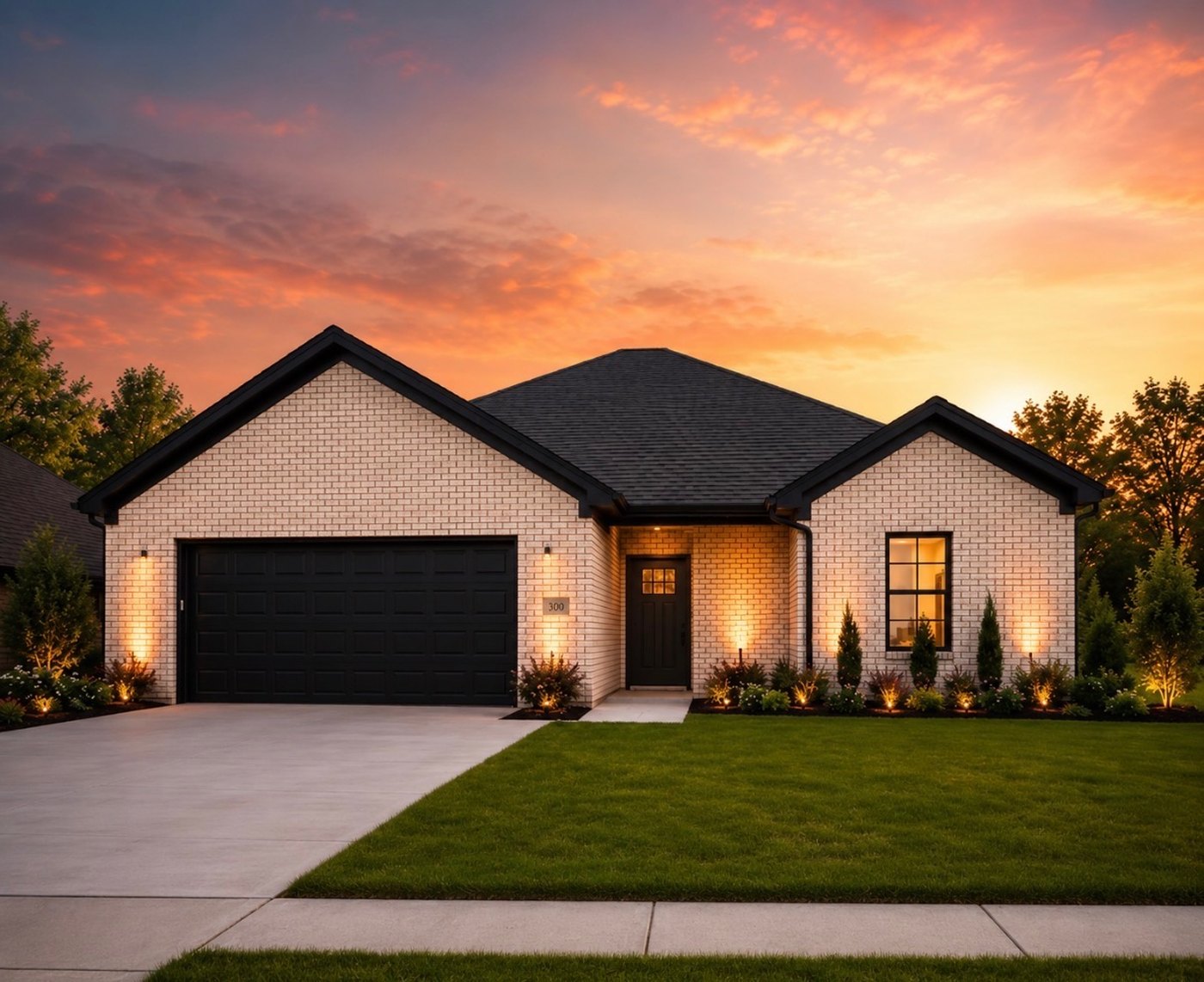 The model home at The Place at Court Road at twilight — all-brick elevation with landscape lighting