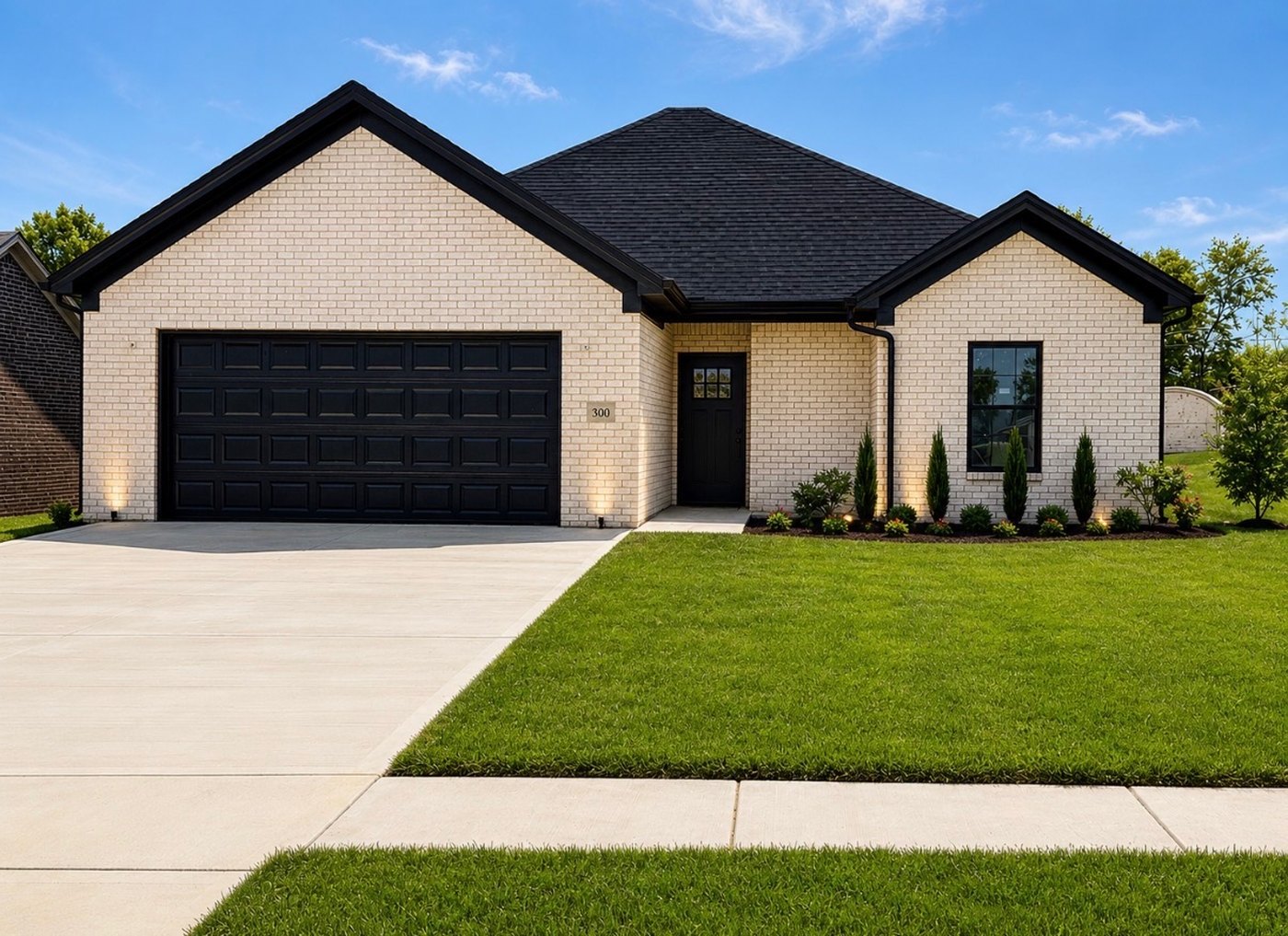The model home at The Place at Court Road by day — sodded yard, sidewalk, and full-brick exterior